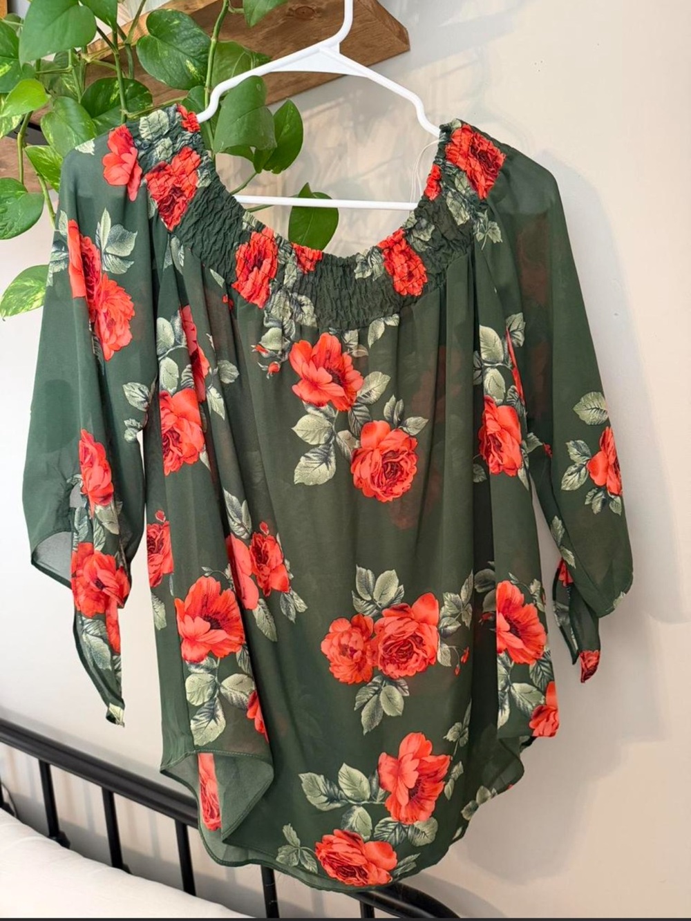 DNA couture Olive Green Off-Shoulder Blouse with Red Floral Print